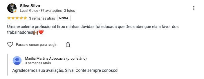 Avaliação 5 estrelas no Google: excelente profissional, educada, a favor dos trabalhadores