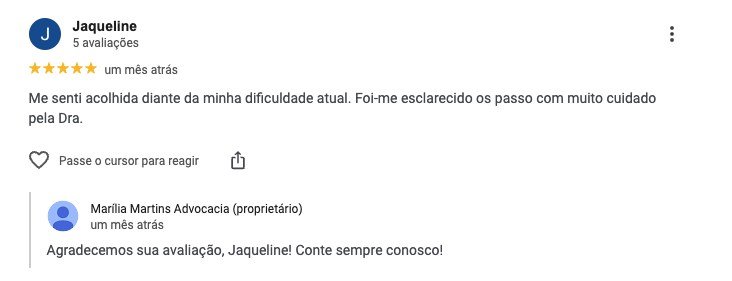 Avaliação 5 estrelas no Google: me senti acolhida, tudo esclarecido com muito cuidado pela Dra.
