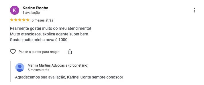 Avaliação 5 estrelas no Google: atendimento atencioso, explica muito bem