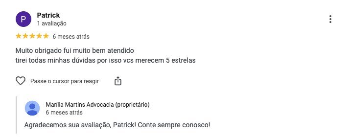 Avaliação 5 estrelas no Google: muito bem atendido, tirei todas as dúvidas