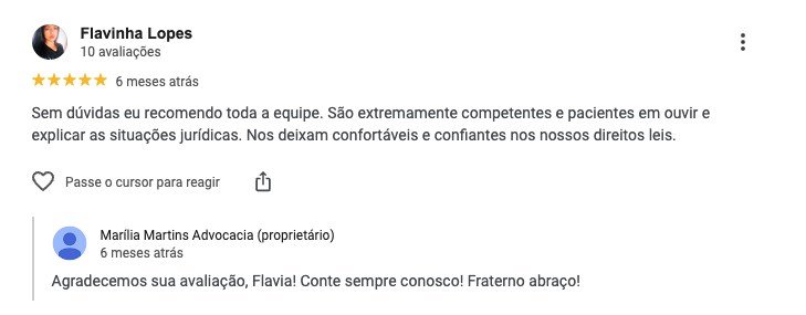 Avaliação 5 estrelas no Google: equipe competente e paciente, nos deixam confiantes nos nossos direitos